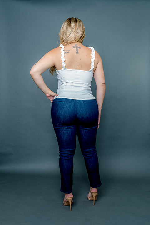 (INVENTORY PENDING) Plus Size V Neck Ribbed & Ruched Tie Front Tank Top with Ruffle Straps (ZA4543) - Wholesale Fashion Couture 