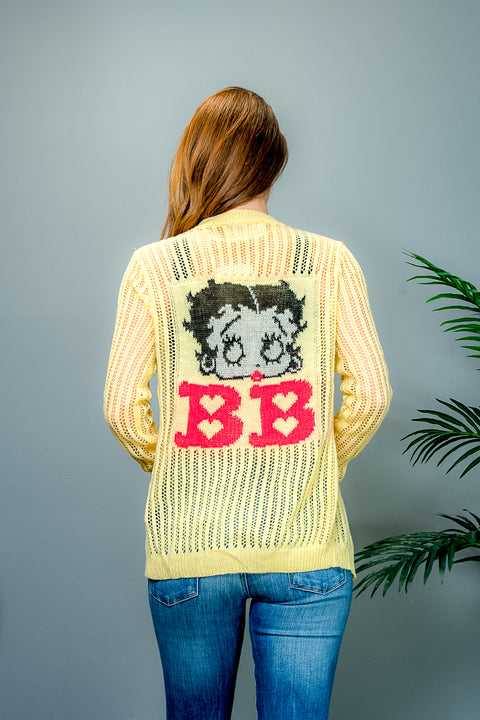 'Betty Boop' Graphic Knit Back Long Sleeve Open Knit Cardigan in Yellow* (KWSW007) - Wholesale Fashion Couture 