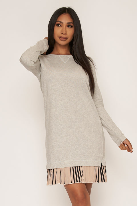 Long Sleeve Sweater Dress with Contrast Knife Pleat Hem (15650) - Wholesale Fashion Couture 