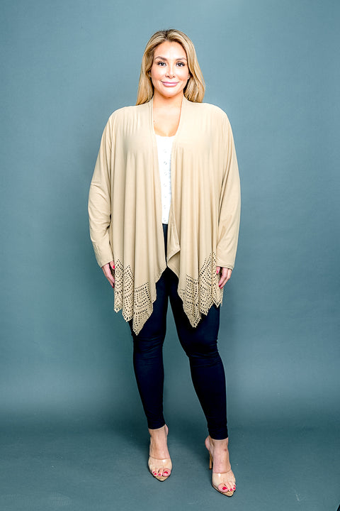 Plus Size Suede Soft Asymmetrical Draped Open Front Long Sleeve Cardigan with Handkerchief Hem (J128W) - Wholesale Fashion Couture 