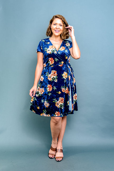 Plus Size Floral Print Velour Surplice V Neck Short Sleeve A Line Midi Dress with Tie Waist (ZB9404) - Wholesale Fashion Couture 