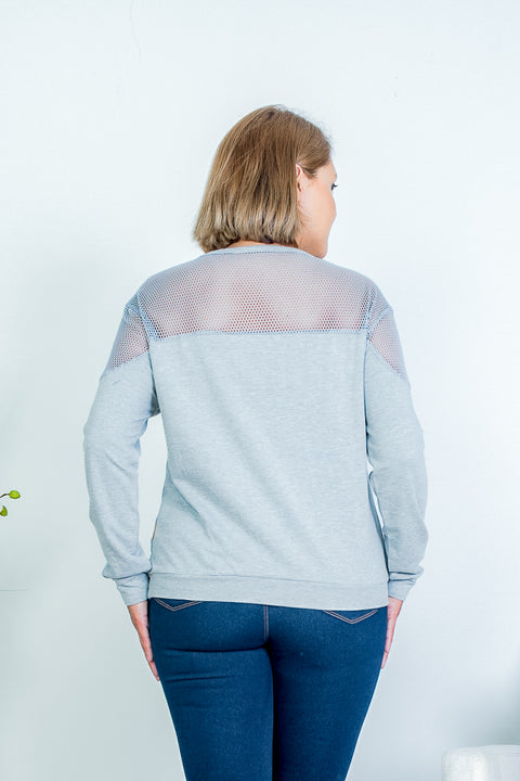 Plus Size Jewel Neck Cotton Sweatshirt Top with Mesh Yoke and Shoulder Detail (KT4377) - Wholesale Fashion Couture 