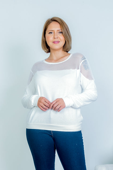 Plus Size Jewel Neck Cotton Sweatshirt Top with Mesh Yoke and Shoulder Detail (KT4377) - Wholesale Fashion Couture 