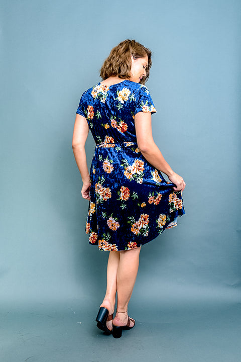 Plus Size Floral Print Velour Surplice V Neck Short Sleeve A Line Midi Dress with Tie Waist (ZB9404) - Wholesale Fashion Couture 