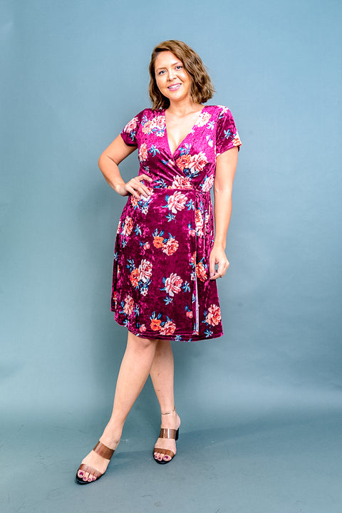 Plus Size Floral Print Velour Surplice V Neck Short Sleeve A Line Midi Dress with Tie Waist (ZB9404) - Wholesale Fashion Couture 