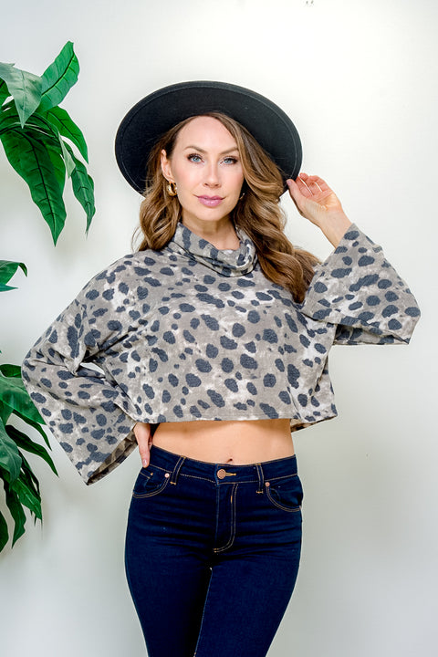 Cheetah Print Long Bell Sleeve Cowl Neck Pullover Sweater in Olive (BTT10470-1) - Wholesale Fashion Couture 