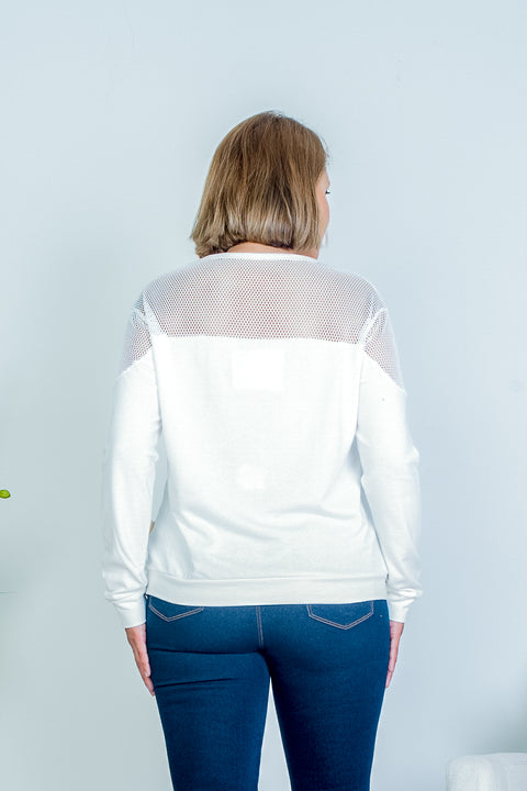 Plus Size Jewel Neck Cotton Sweatshirt Top with Mesh Yoke and Shoulder Detail (KT4377) - Wholesale Fashion Couture 