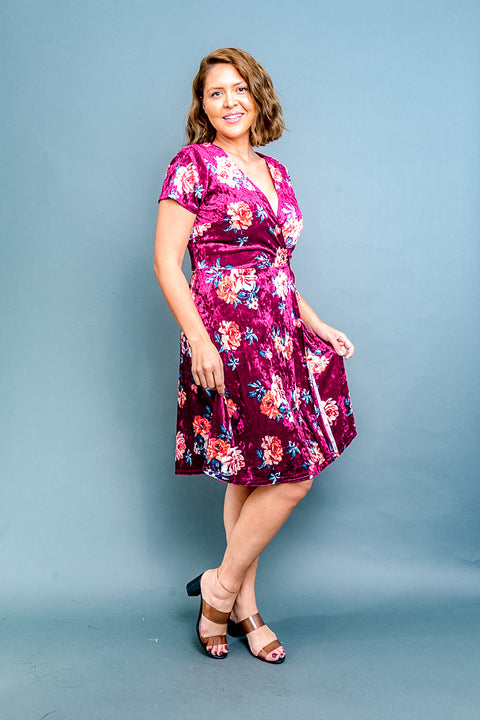 Plus Size Floral Print Velour Surplice V Neck Short Sleeve A Line Midi Dress with Tie Waist (ZB9404) - Wholesale Fashion Couture 