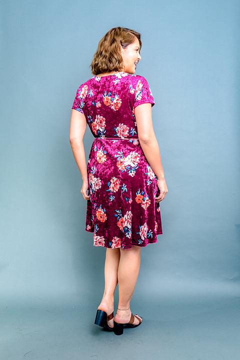 Plus Size Floral Print Velour Surplice V Neck Short Sleeve A Line Midi Dress with Tie Waist (ZB9404) - Wholesale Fashion Couture 