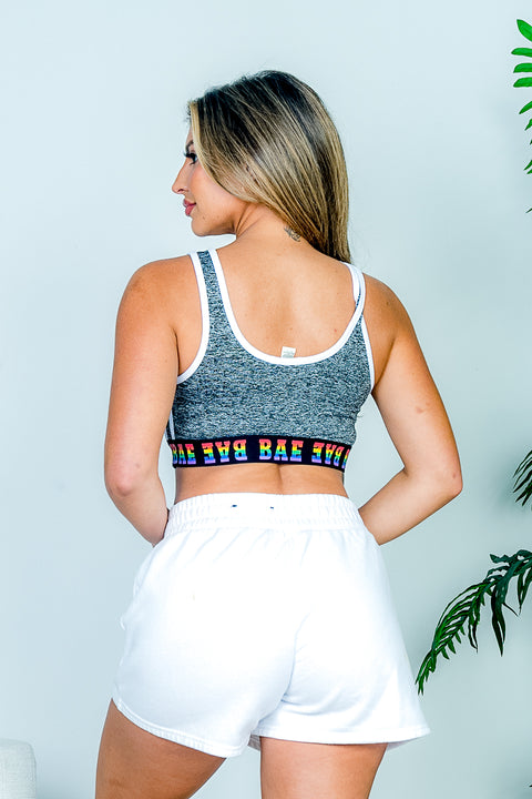 Rainbow 'BAE' Sports Bra with Sporty White Contrast Piping in Charcoal (AT63334) - Wholesale Fashion Couture 