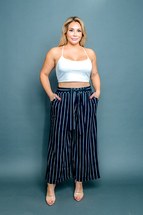 Plus Size Striped Palazzo Pants with Tie Front (PTB3372) - Wholesale Fashion Couture 