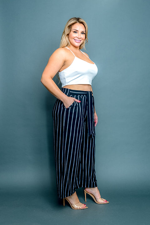Plus Size Striped Palazzo Pants with Tie Front (PTB3372) - Wholesale Fashion Couture 