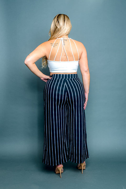 Plus Size Striped Palazzo Pants with Tie Front (PTB3372) - Wholesale Fashion Couture 