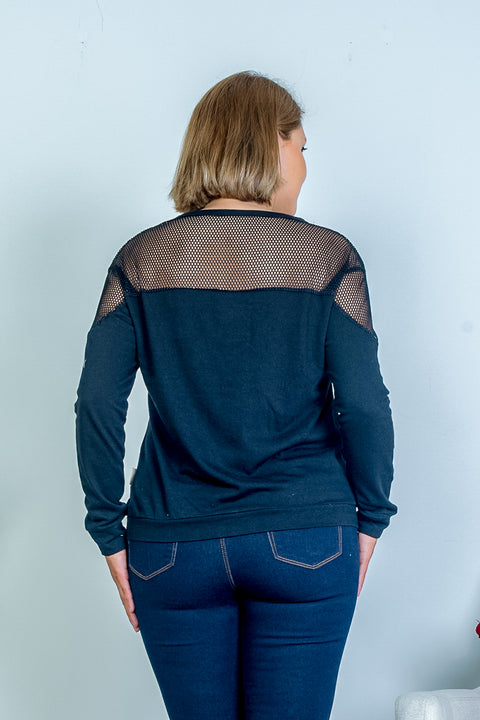Plus Size Jewel Neck Cotton Sweatshirt Top with Mesh Yoke and Shoulder Detail (KT4377) - Wholesale Fashion Couture 