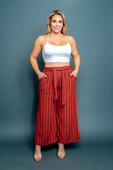 Plus Size Striped Palazzo Pants with Tie Front (PTB3372) - Wholesale Fashion Couture 