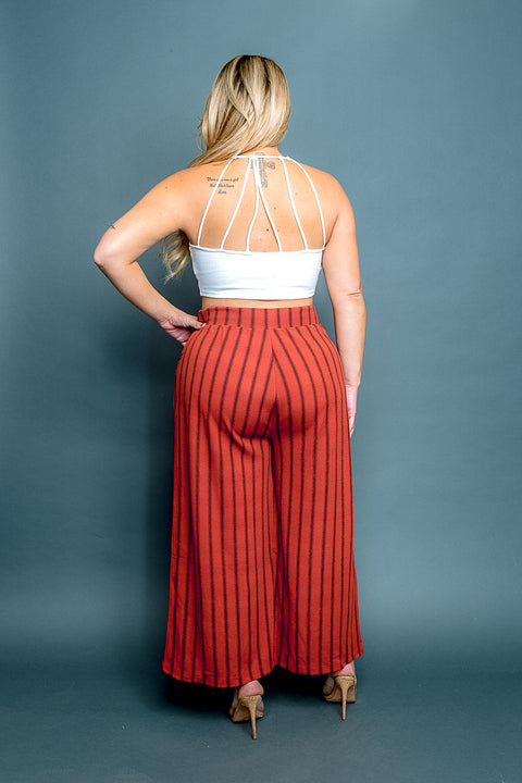 Plus Size Striped Palazzo Pants with Tie Front (PTB3372) - Wholesale Fashion Couture 