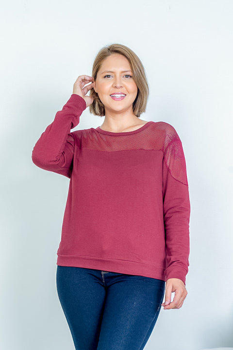 Plus Size Jewel Neck Cotton Sweatshirt Top with Mesh Yoke and Shoulder Detail (KT4377) - Wholesale Fashion Couture 