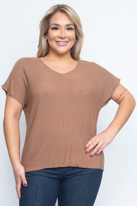 Plus Size V-Neck Knit Short Sleeve Top (ZB10456) - Wholesale Fashion Couture 