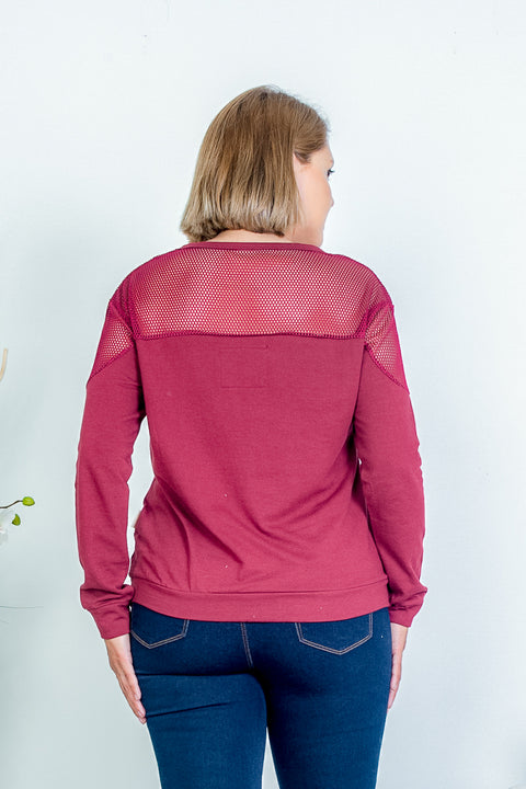 Plus Size Jewel Neck Cotton Sweatshirt Top with Mesh Yoke and Shoulder Detail (KT4377) - Wholesale Fashion Couture 