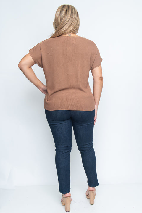 Plus Size V-Neck Knit Short Sleeve Top (ZB10456) - Wholesale Fashion Couture 