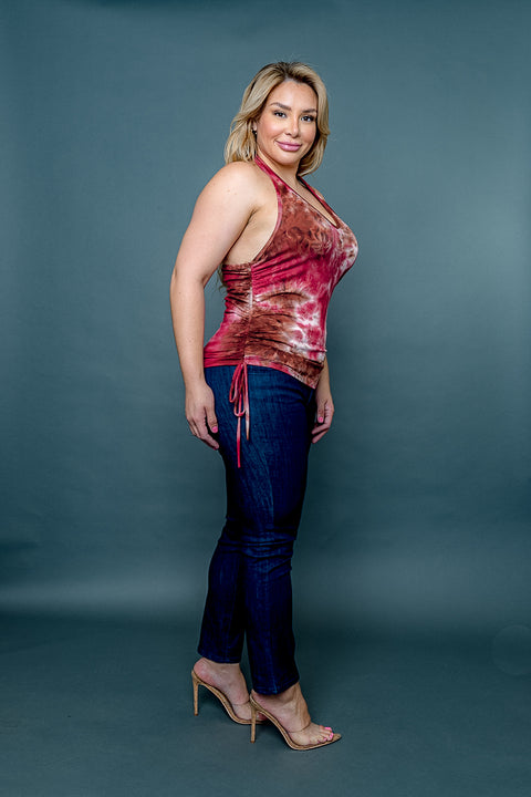 Plus Size V Neck Tie Dye Halter Top with Ruched Side Ties (ZA3890T) - Wholesale Fashion Couture 