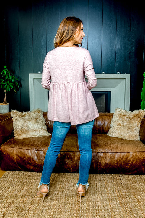 Long Sleeve Soft Knit Round Neck T-Shirt with Gathered Peplum (B1025) - Wholesale Fashion Couture 