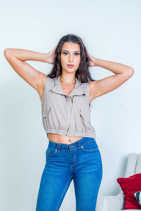 Sleeveless High Low Moto Zip Vest Top with Back Vent and Drawstring at Hem (QV7277) - Wholesale Fashion Couture 