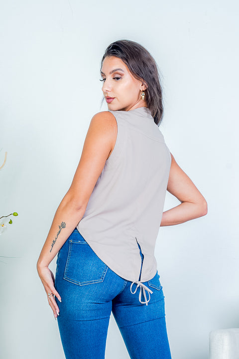 Sleeveless High Low Moto Zip Vest Top with Back Vent and Drawstring at Hem (QV7277) - Wholesale Fashion Couture 