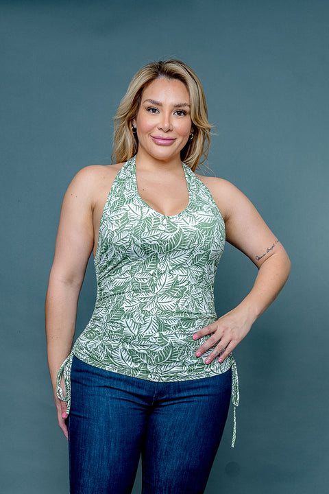 Plus Size Sleeveless Rib Knit Leaf Print V Neck Halter Top with Ruched Sides (ZA3890) - Wholesale Fashion Couture 