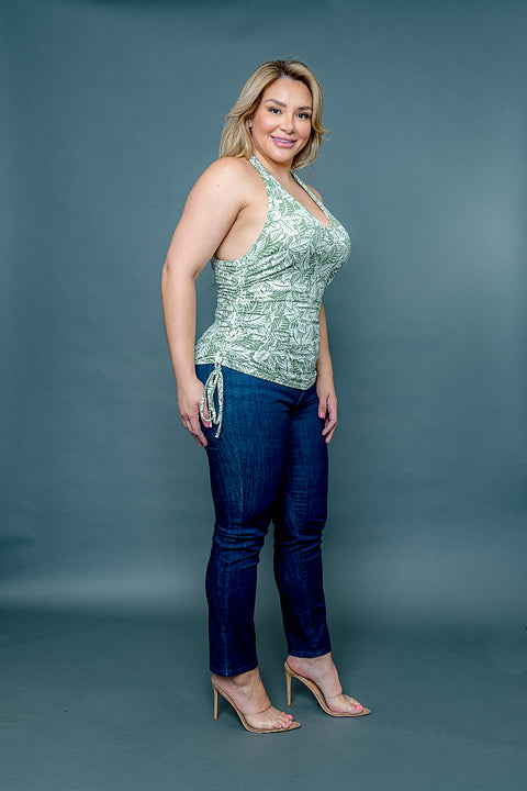 Plus Size Sleeveless Rib Knit Leaf Print V Neck Halter Top with Ruched Sides (ZA3890) - Wholesale Fashion Couture 