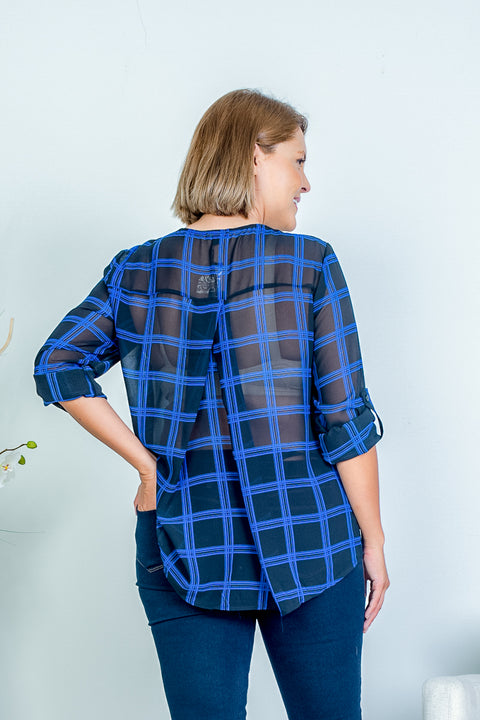 Plus Size V Neck High Low Black Sheer Plaid Shirt with 3/4 Rolled Cuff Sleeves and Pleat Yoke Back (KT4399) - Wholesale Fashion Couture 