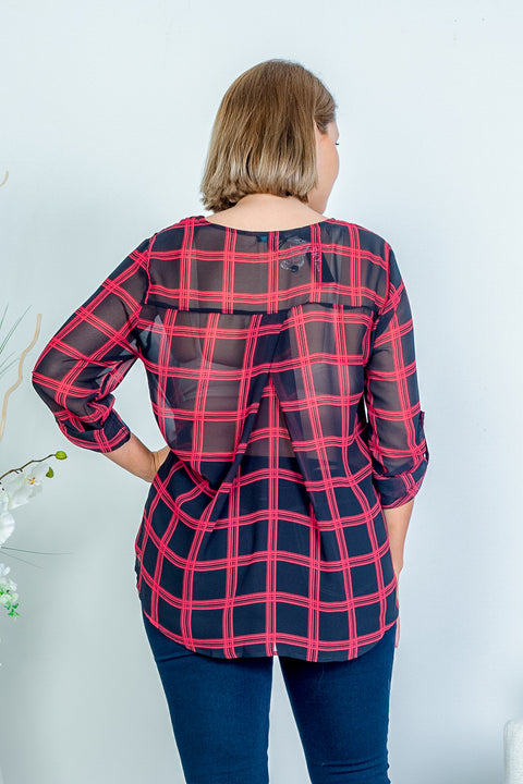 Plus Size V Neck High Low Black Sheer Plaid Shirt with 3/4 Rolled Cuff Sleeves and Pleat Yoke Back (KT4399) - Wholesale Fashion Couture 