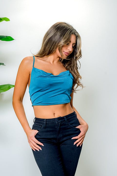Silky Satin Spaghetti Strap Cowl Neck Crop Top with Strappy O-Ring Back (BT03793) - Wholesale Fashion Couture 