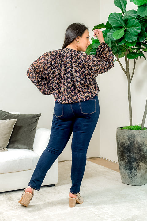 'Modesty' Paisley Print Chiffon Plus Size High Neck Button Down Top with Drop Shoulder Long Balloon Sleeve (ZB11467F) - Wholesale Fashion Couture 