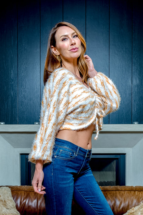 Fuzzy Striped V Neck  Long Sleeve Sweater with Ruche Tie Center Front (BT023574) - Wholesale Fashion Couture 