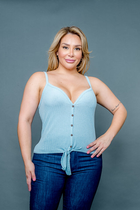 Plus Size V Neck Feather Knit Ribbed Faux Button Down Spaghetti Strap Top with Tie Front (ZA4558) - Wholesale Fashion Couture 
