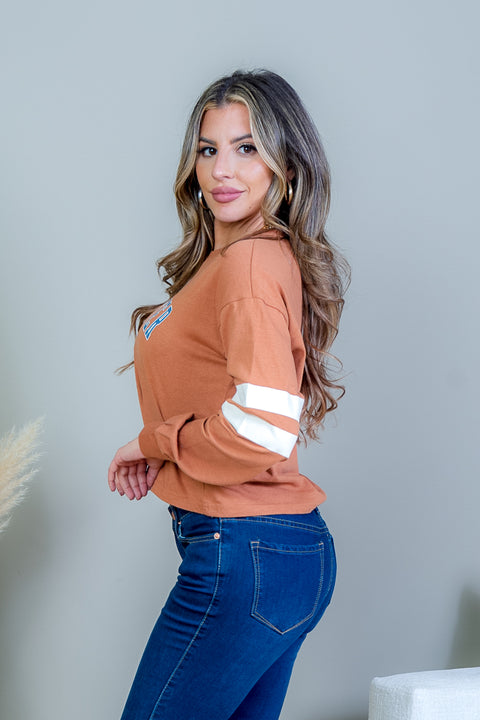 'You Matter' Long Sleeve Crew Neck Crop Top with White Contrast Sporty Striped Sleeve in Brown (308886) - Wholesale Fashion Couture 