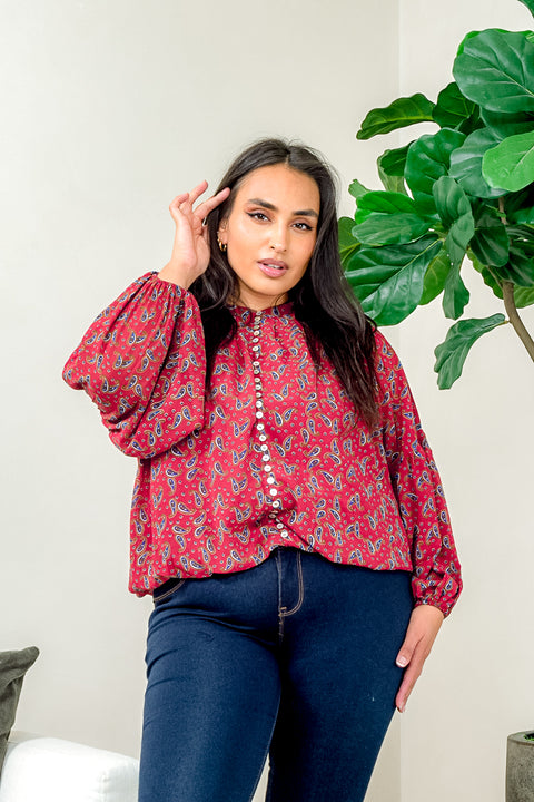 'Modesty' Paisley Print Chiffon Plus Size High Neck Button Down Top with Drop Shoulder Long Balloon Sleeve (ZB11467F) - Wholesale Fashion Couture 