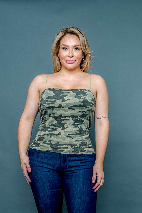 Plus Size Camo Print Square Neck Spaghetti Strap Tank Top (ZB11443F) - Wholesale Fashion Couture 
