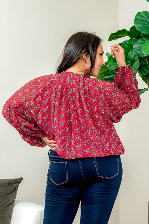 'Modesty' Paisley Print Chiffon Plus Size High Neck Button Down Top with Drop Shoulder Long Balloon Sleeve (ZB11467F) - Wholesale Fashion Couture 