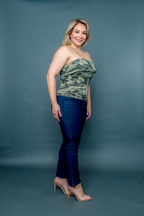 Plus Size Camo Print Square Neck Spaghetti Strap Tank Top (ZB11443F) - Wholesale Fashion Couture 