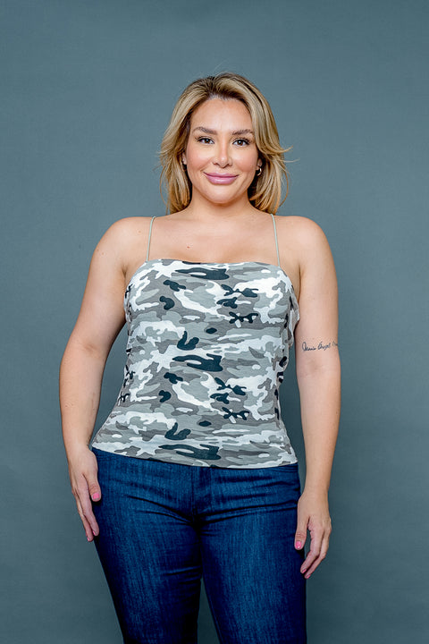 Plus Size Camo Print Square Neck Spaghetti Strap Tank Top (ZB11443F) - Wholesale Fashion Couture 