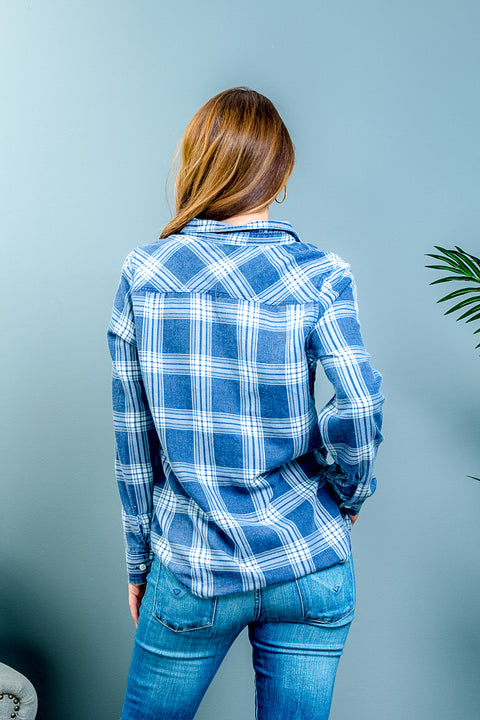Plaid Pendleton Style Button Down Shirt with Front Patch Pockets in Blue & White (SPIRIT) - Wholesale Fashion Couture 