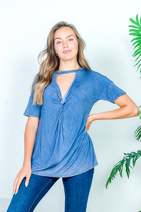 Relaxed Fit Keyhole Crew Neck Short Sleeve Tee with Cutout V Plunge Twist Tied Front (HT8032) - Wholesale Fashion Couture 