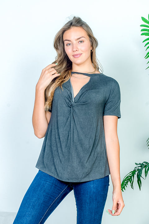 Relaxed Fit Keyhole Crew Neck Short Sleeve Tee with Cutout V Plunge Twist Tied Front (HT8032) - Wholesale Fashion Couture 