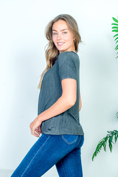 Relaxed Fit Keyhole Crew Neck Short Sleeve Tee with Cutout V Plunge Twist Tied Front (HT8032) - Wholesale Fashion Couture 