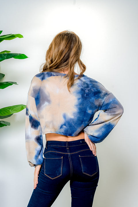 Tie Dye Waffle Knit Long Peasant Sleeve Drop Shoulder Pullover Sweater Crop Top (BS91288-3) - Wholesale Fashion Couture 