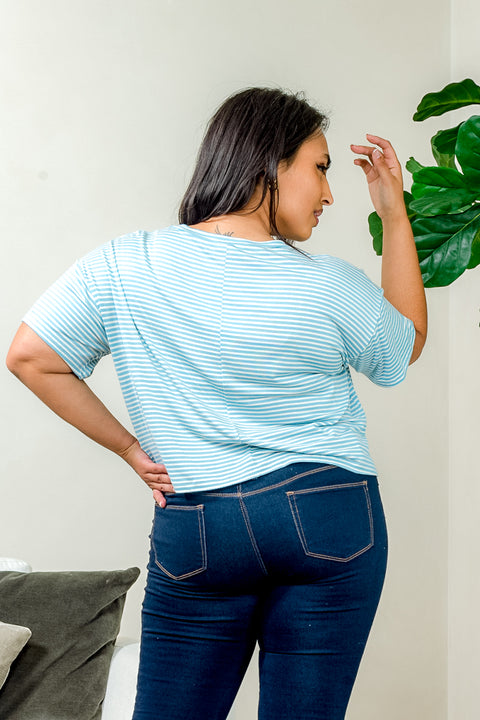 Plus Size Stripe Drop Shoulder Round Neck Crop Top in Baby Blue & White (PT16263-073) - Wholesale Fashion Couture 