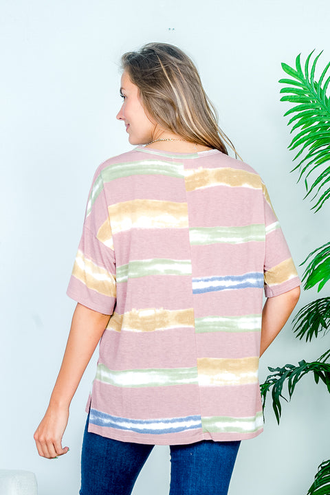 Soft Touch Drop Shoulder Multi Color Paint Stripe Print Short Sleeve Tee (HT10982) - Wholesale Fashion Couture 