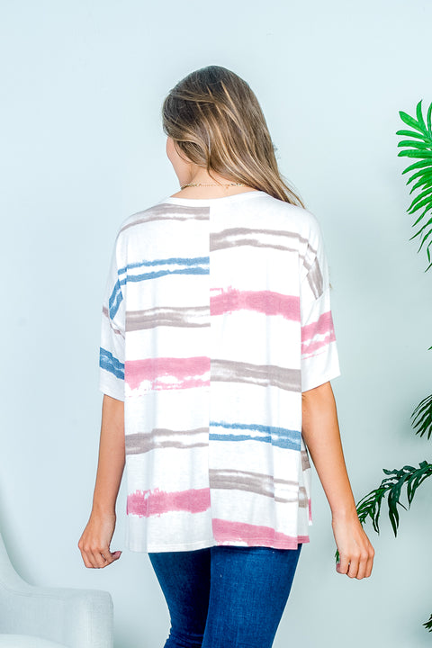Soft Touch Drop Shoulder Multi Color Paint Stripe Print Short Sleeve Tee (HT10982) - Wholesale Fashion Couture 